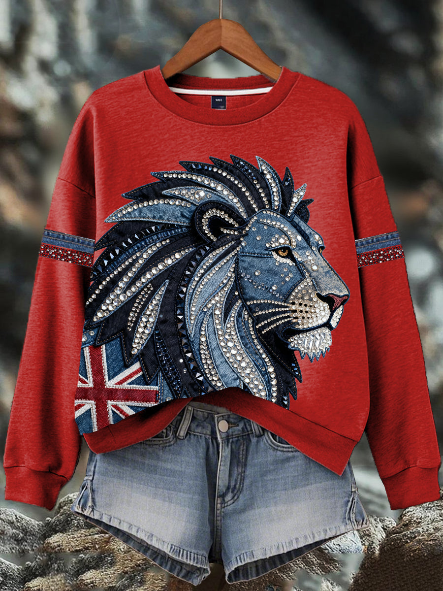 Damen-Sweatshirt im britischen Stil mit Strass- und Heißnagel-Print aus Denim-Imitat.