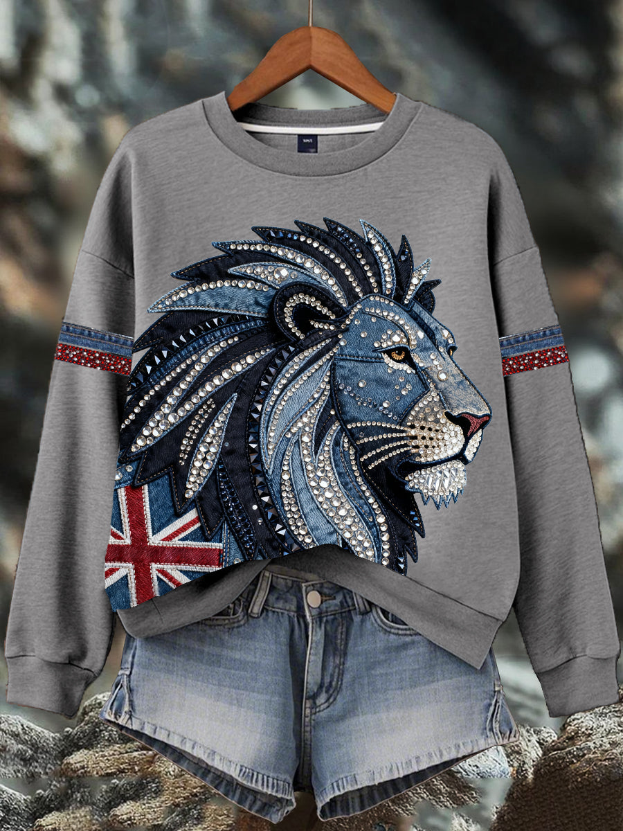 Damen-Sweatshirt im britischen Stil mit Strass- und Heißnagel-Print aus Denim-Imitat.