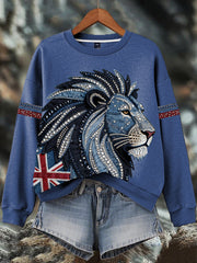 Damen-Sweatshirt im britischen Stil mit Strass- und Heißnagel-Print aus Denim-Imitat.