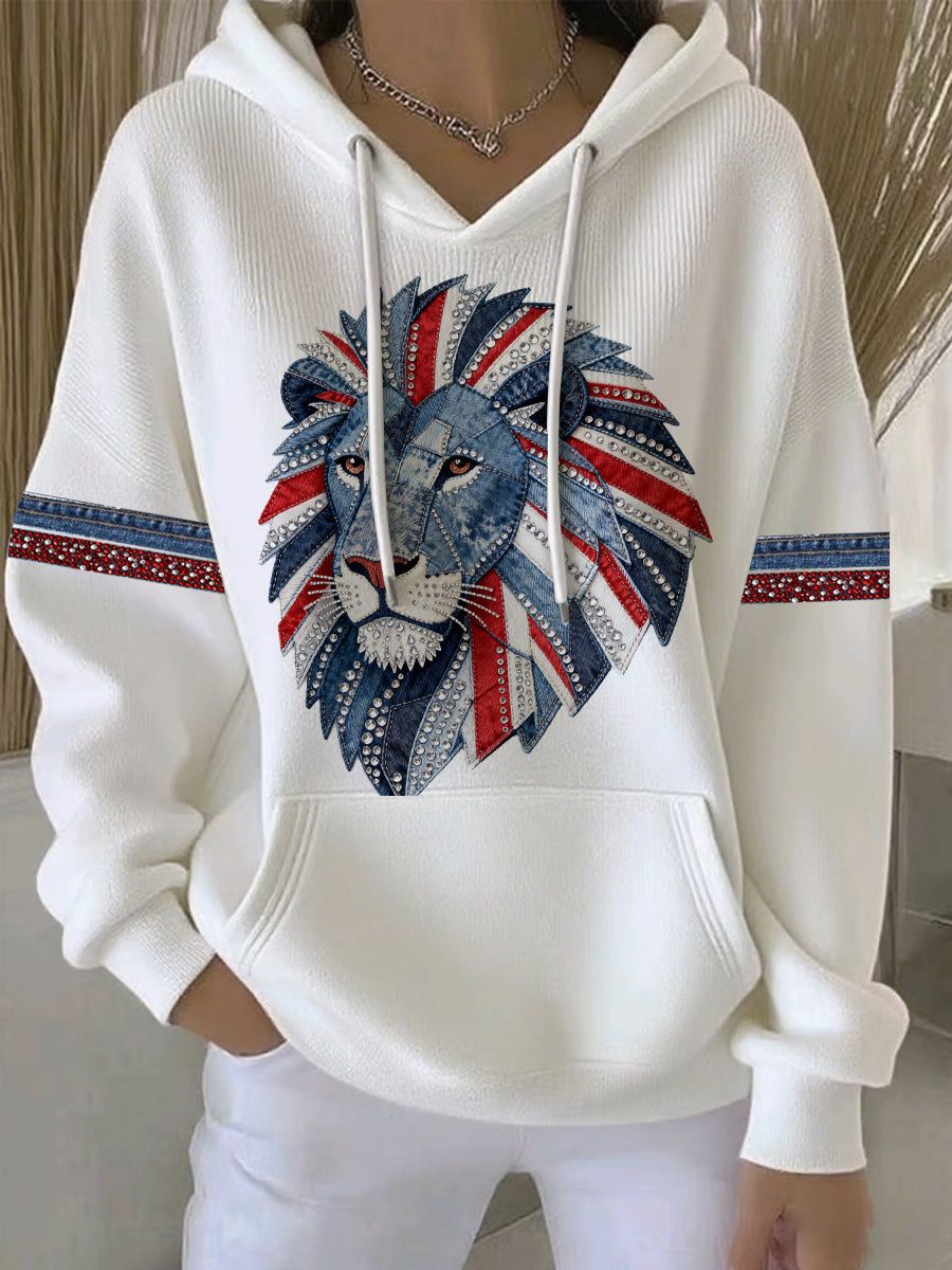 Lässiger Damen-Hoodie im britischen Stil aus Denim-Imitat mit Strass- und Heißnagel-Print
