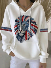Lässiger Damen-Hoodie im britischen Stil aus Denim-Imitat mit Strass- und Heißnagel-Print