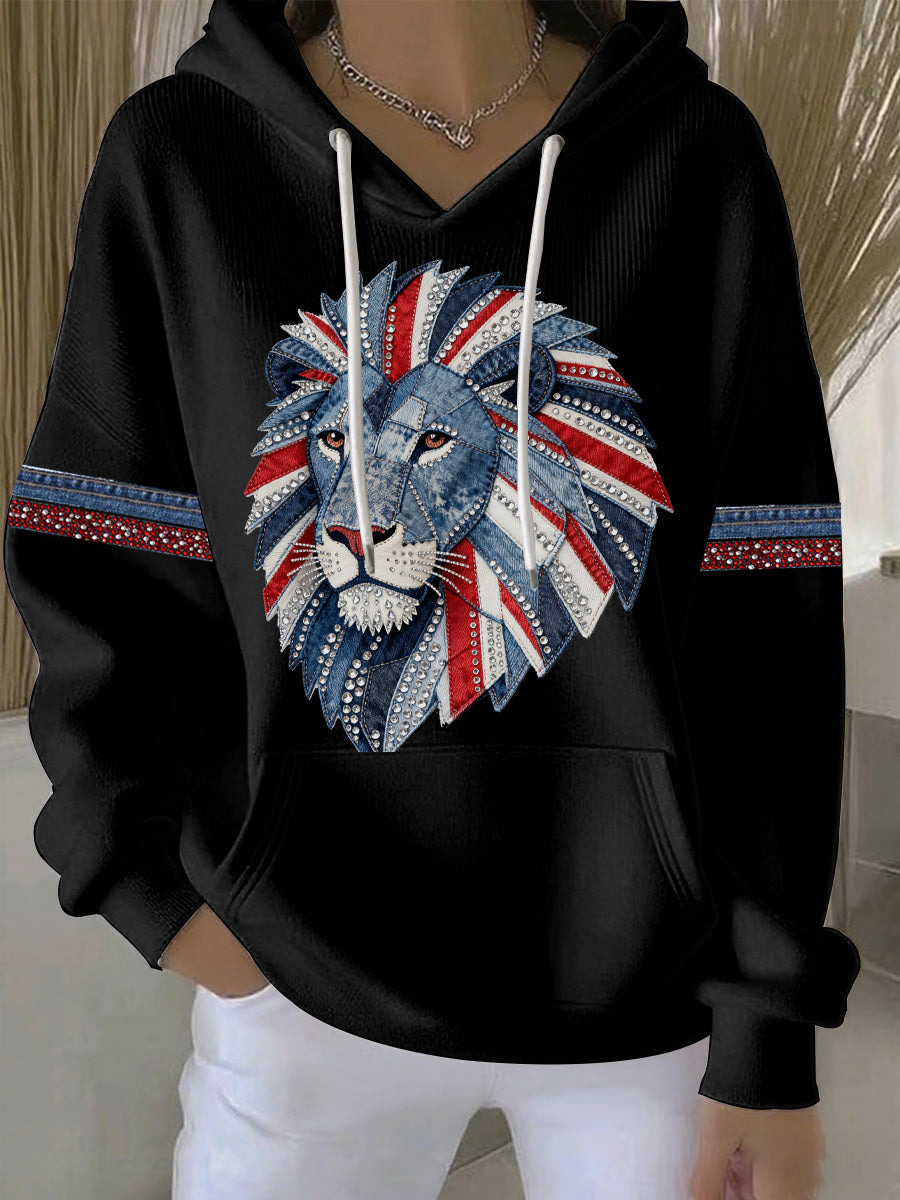 Lässiger Damen-Hoodie im britischen Stil aus Denim-Imitat mit Strass- und Heißnagel-Print