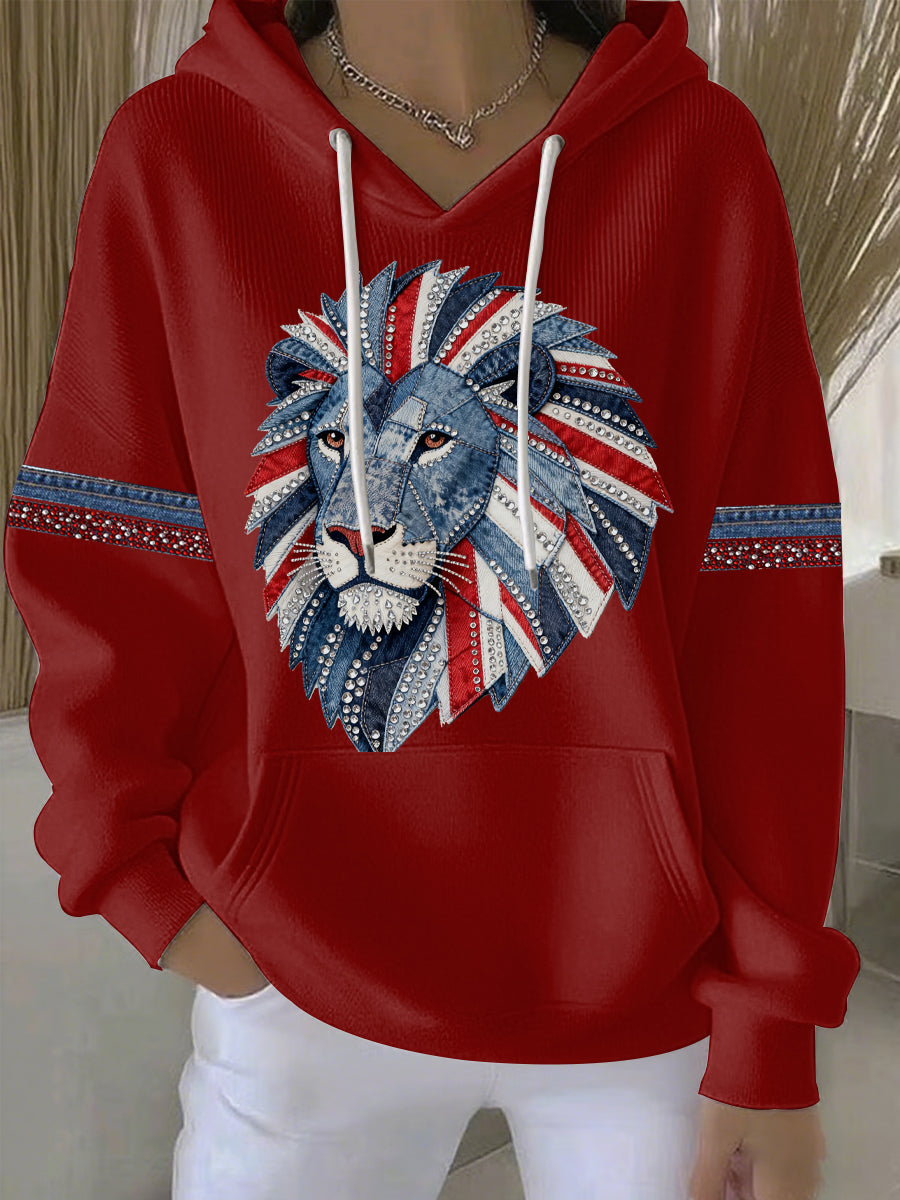 Lässiger Damen-Hoodie im britischen Stil aus Denim-Imitat mit Strass- und Heißnagel-Print