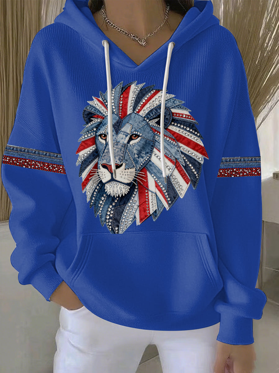 Lässiger Damen-Hoodie im britischen Stil aus Denim-Imitat mit Strass- und Heißnagel-Print