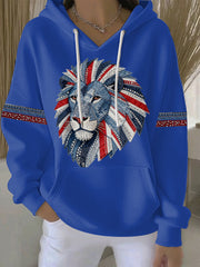 Lässiger Damen-Hoodie im britischen Stil aus Denim-Imitat mit Strass- und Heißnagel-Print