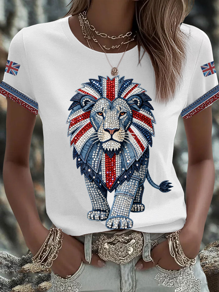 Damen-T-Shirt im britischen Stil mit Strass-Heißbohr-Print, aufbügelbar, Kurzarm, Denim-Imitation