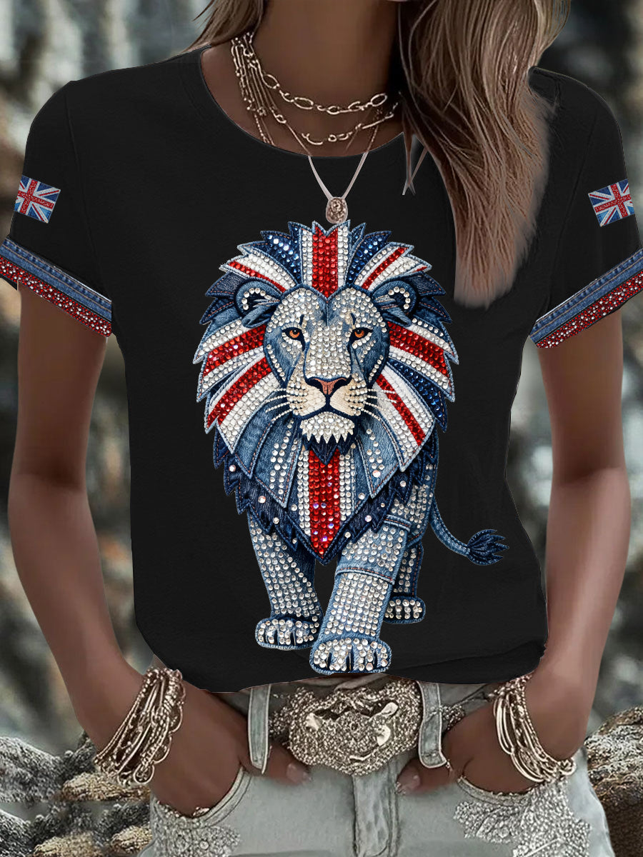 Damen-T-Shirt im britischen Stil mit Strass-Heißbohr-Print, aufbügelbar, Kurzarm, Denim-Imitation
