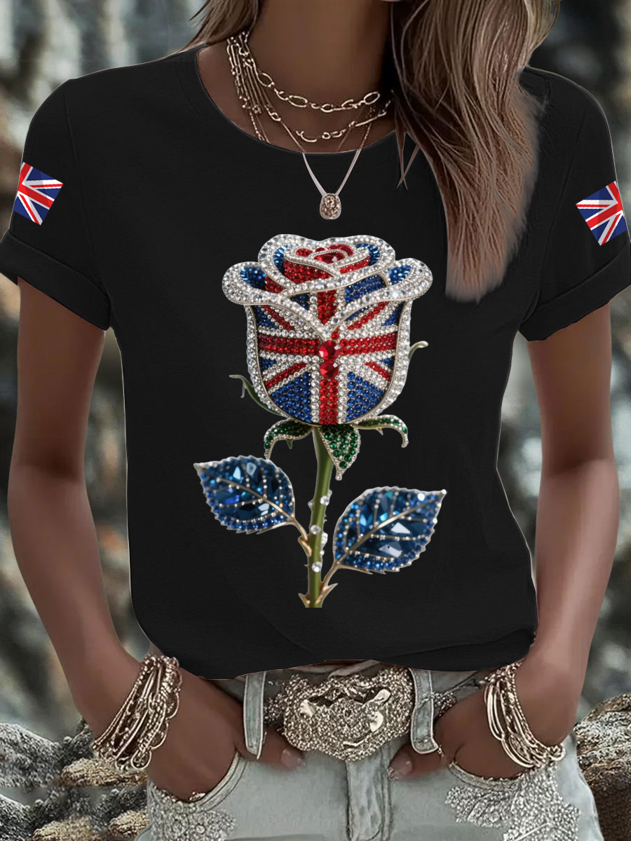 Britisches Damen-T-Shirt mit aufbügelbarem, diamantinimitiertem Aufdruck (heißgebohrt)