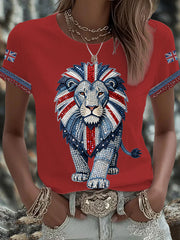 Damen-T-Shirt im britischen Stil mit Strass-Heißbohr-Print, aufbügelbar, Kurzarm, Denim-Imitation