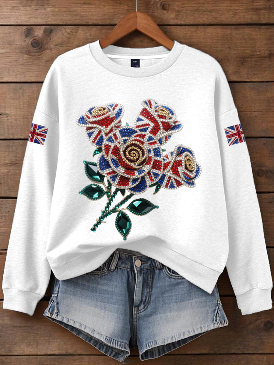 Damen-Sweatshirt mit britischem Imitationsdiamant-Print (heißgebohrt)