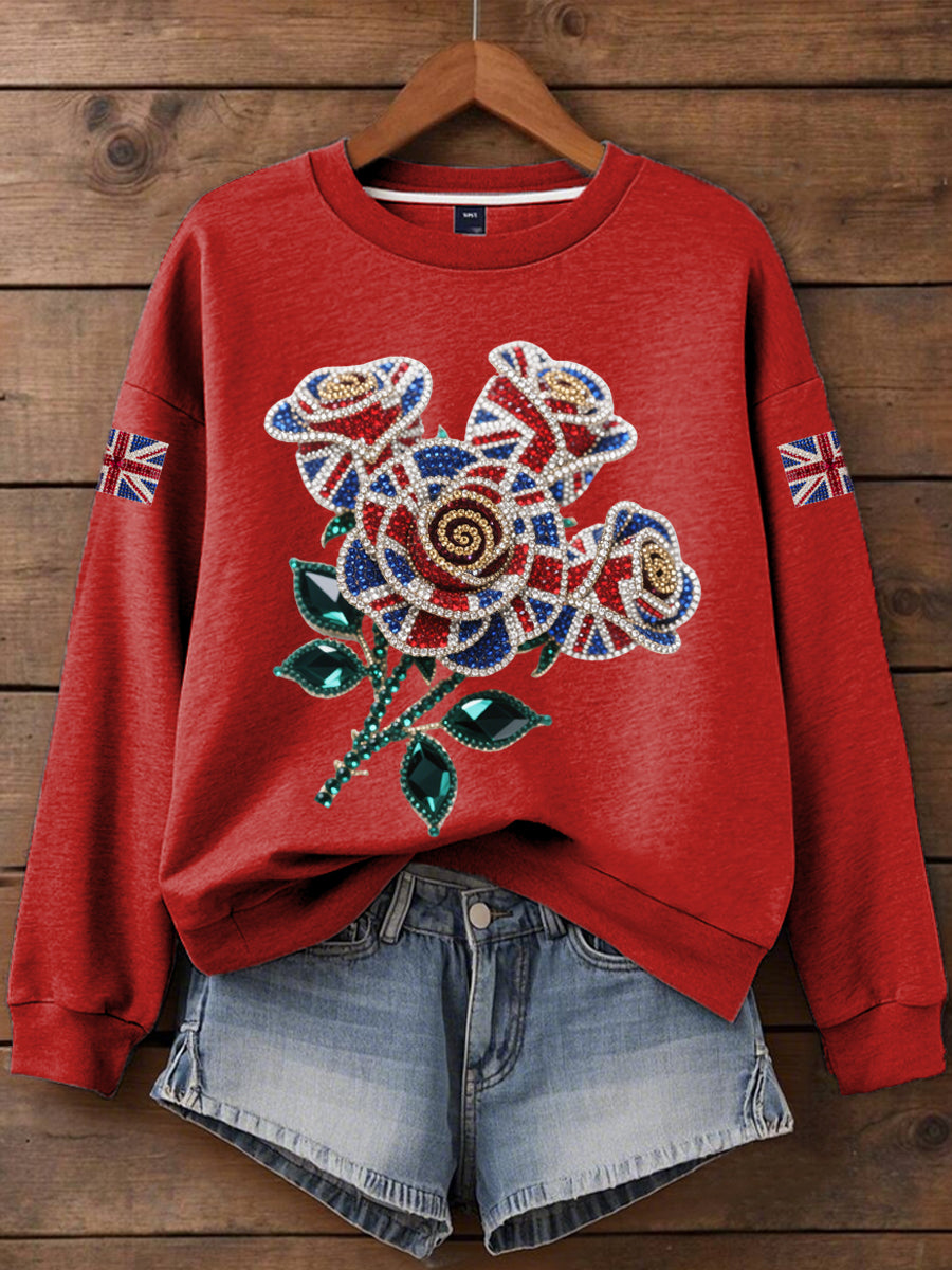 Damen-Sweatshirt mit britischem Imitationsdiamant-Print (heißgebohrt)