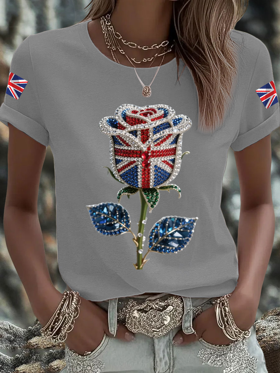 Britisches Damen-T-Shirt mit aufbügelbarem, diamantinimitiertem Aufdruck (heißgebohrt)