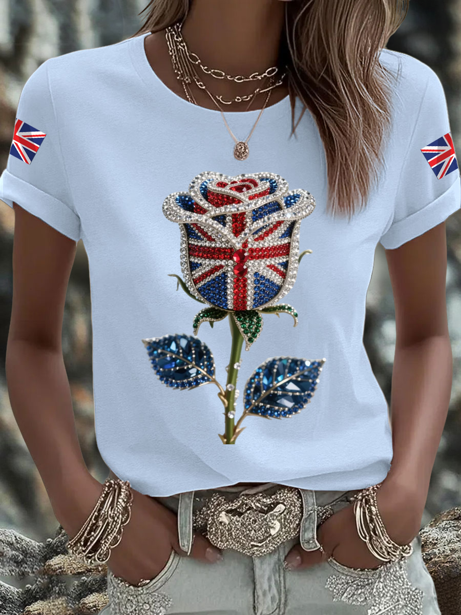 Britisches Damen-T-Shirt mit aufbügelbarem, diamantinimitiertem Aufdruck (heißgebohrt)