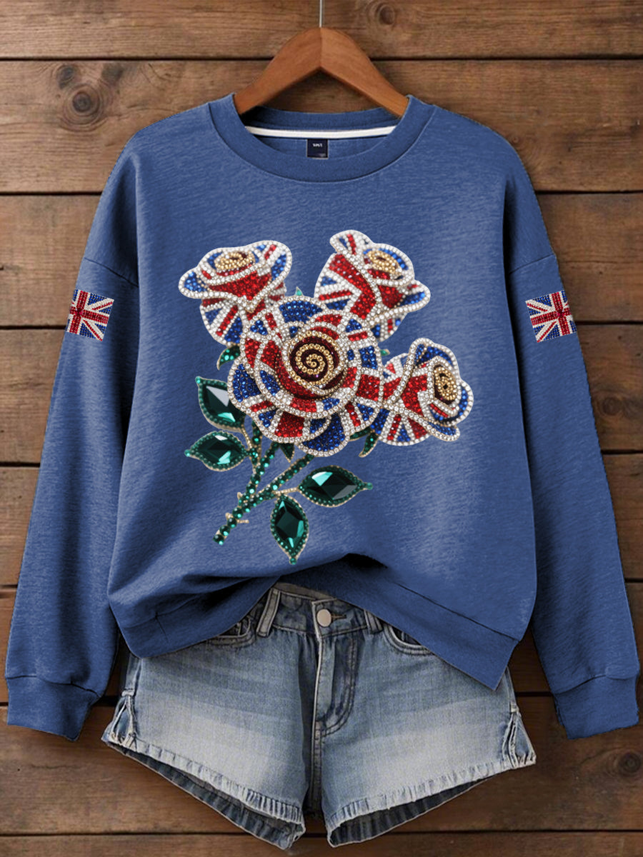 Damen-Sweatshirt mit britischem Imitationsdiamant-Print (heißgebohrt)