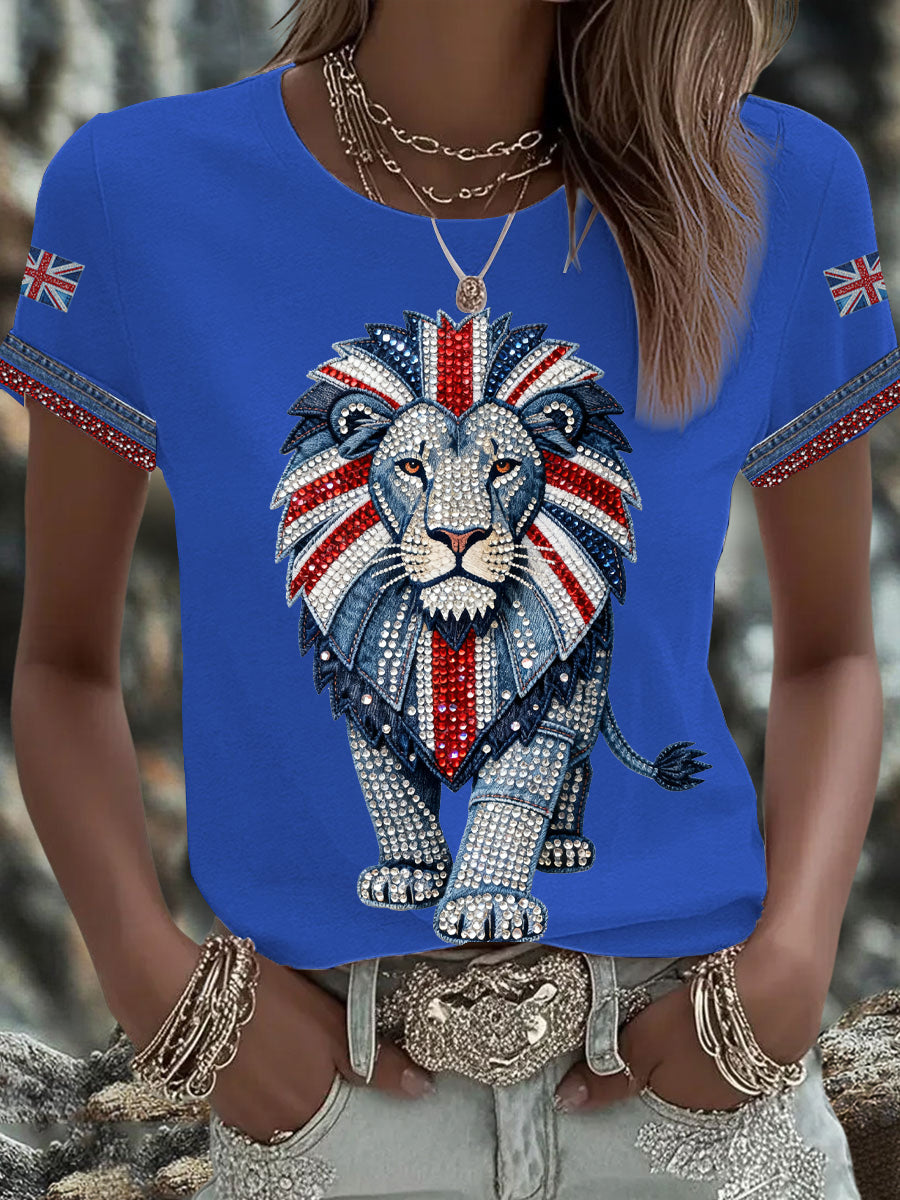 Damen-T-Shirt im britischen Stil mit Strass-Heißbohr-Print, aufbügelbar, Kurzarm, Denim-Imitation