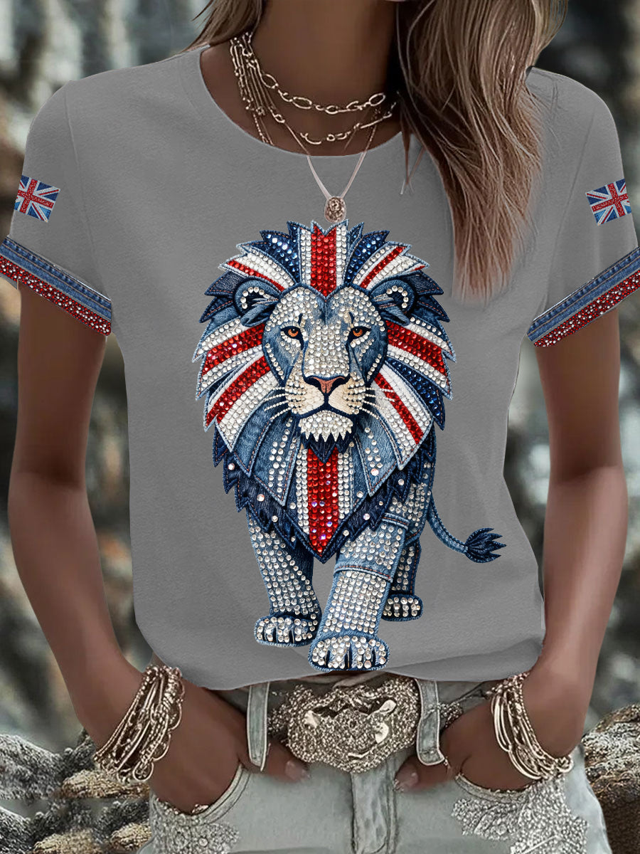 Damen-T-Shirt im britischen Stil mit Strass-Heißbohr-Print, aufbügelbar, Kurzarm, Denim-Imitation
