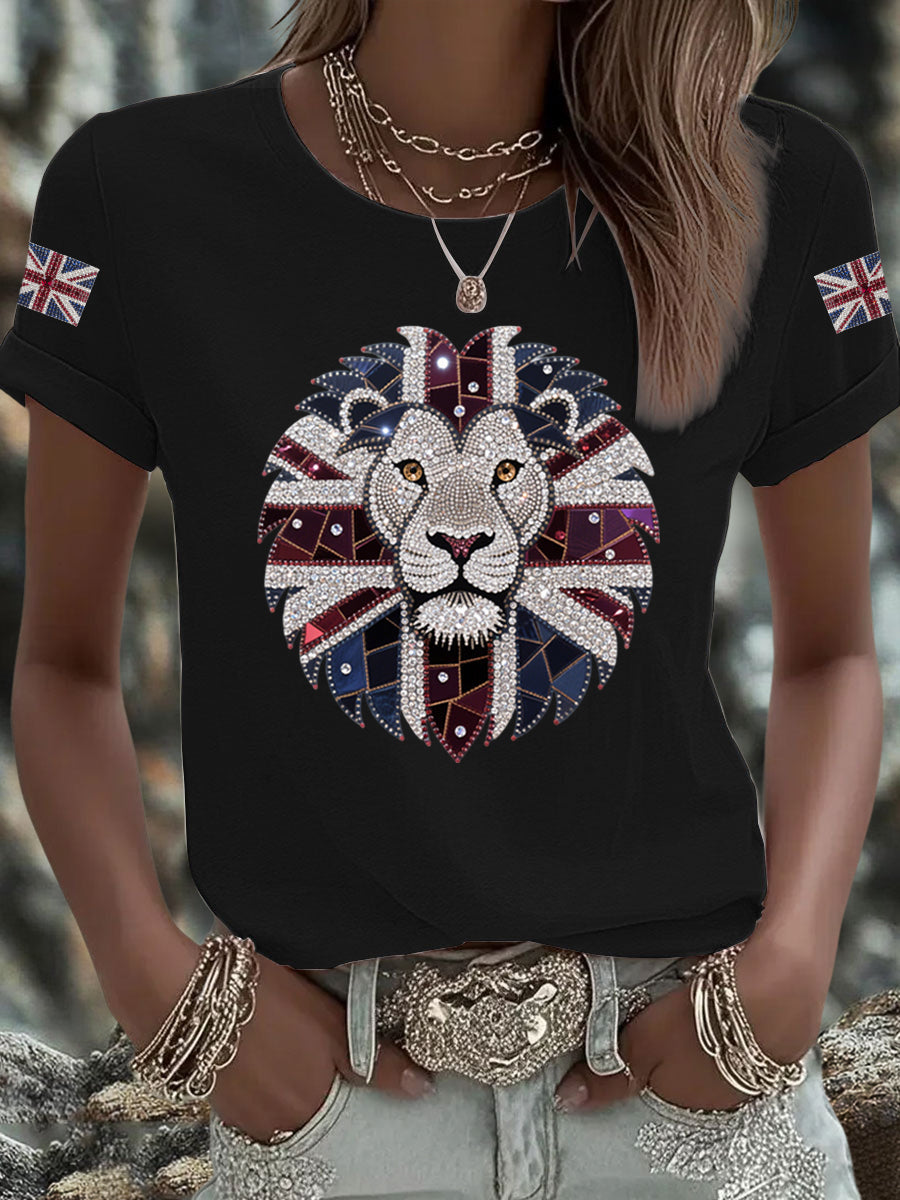 Damen-T-Shirt mit Löwenaufdruck und britischer Flagge