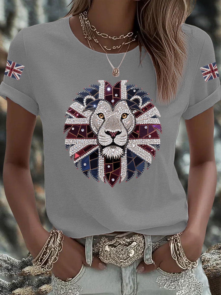 Damen-T-Shirt mit Löwenaufdruck und britischer Flagge