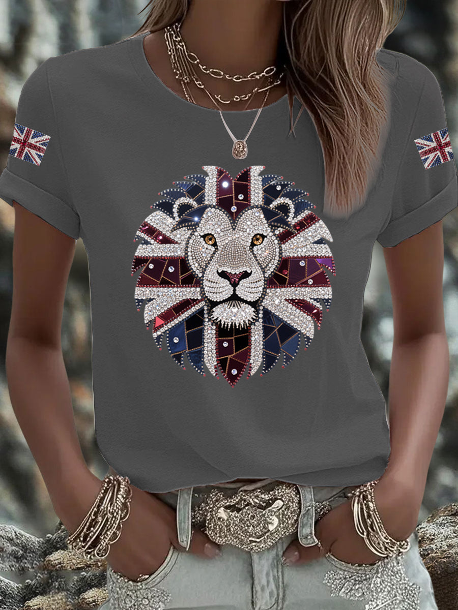 Damen-T-Shirt mit Löwenaufdruck und britischer Flagge