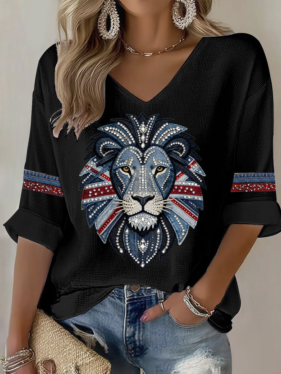 Britisches Damen-T-Shirt im Denim-Stil mit Strass- und Heißklebe-Verzierung