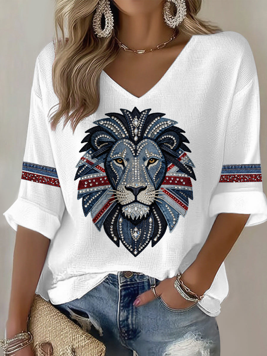 Britisches Damen-T-Shirt im Denim-Stil mit Strass- und Heißklebe-Verzierung