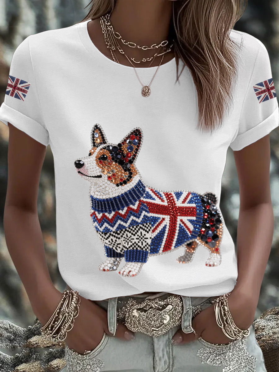 Damen-T-Shirt mit Corgi-Aufdruck und britischer Flagge