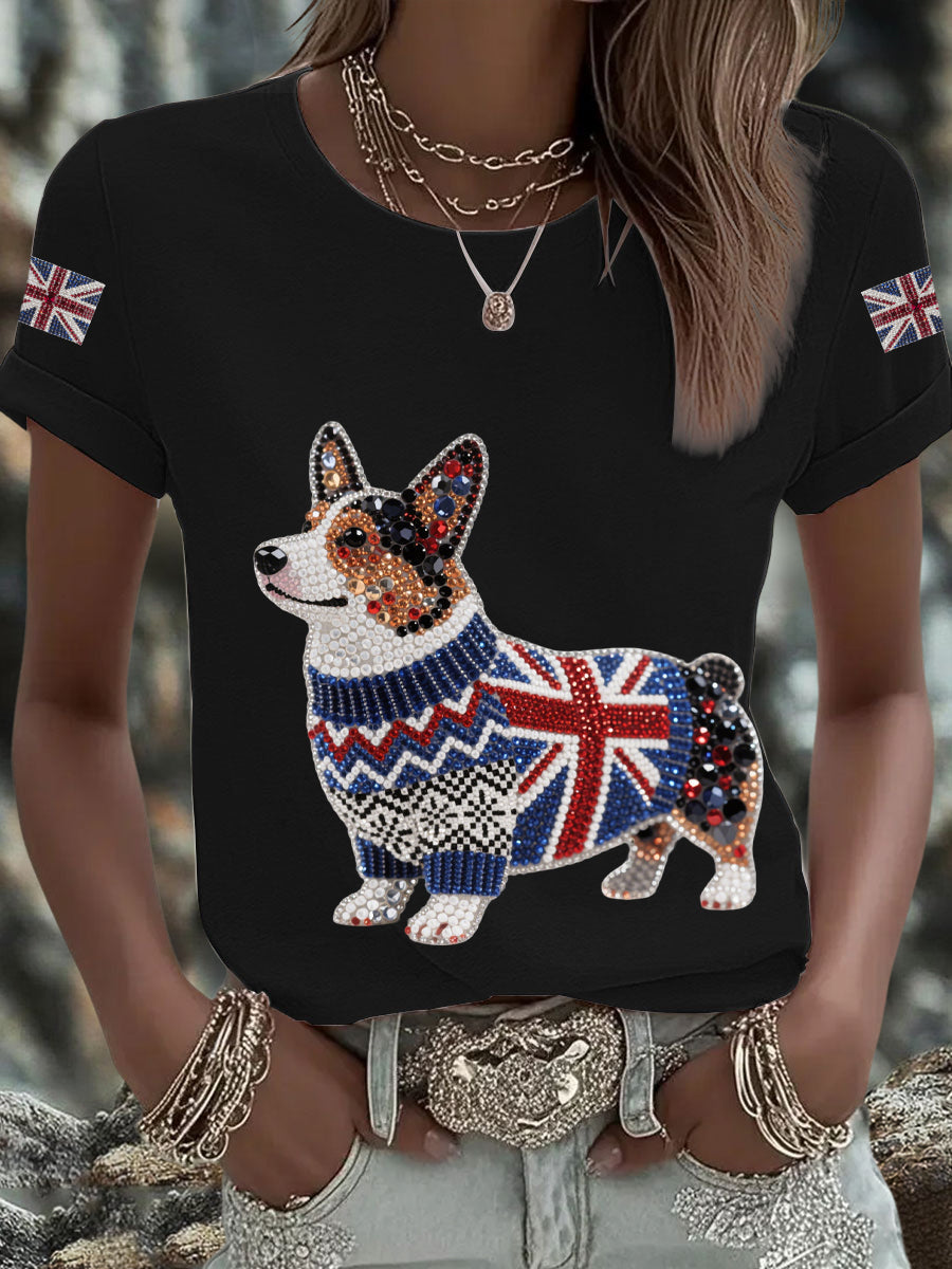 Damen-T-Shirt mit Corgi-Aufdruck und britischer Flagge