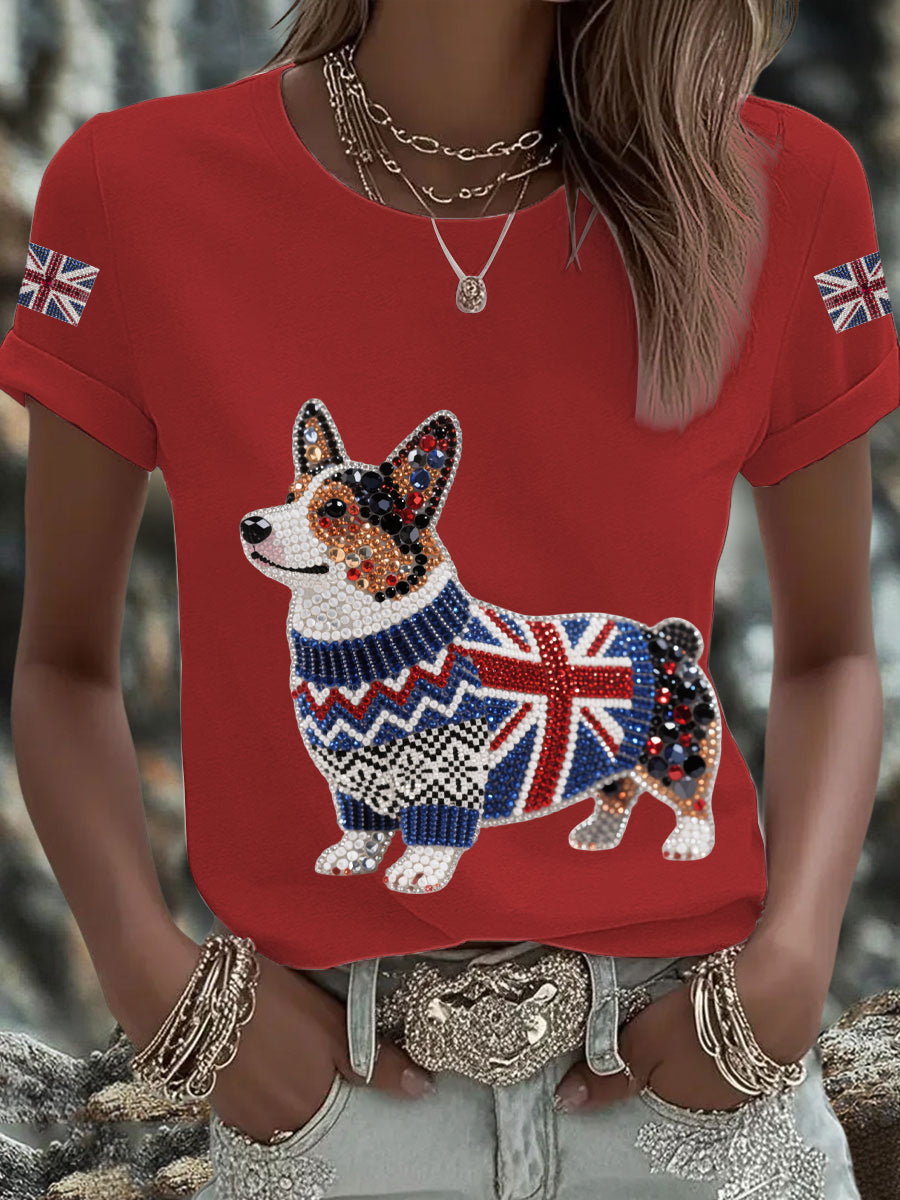 Damen-T-Shirt mit Corgi-Aufdruck und britischer Flagge