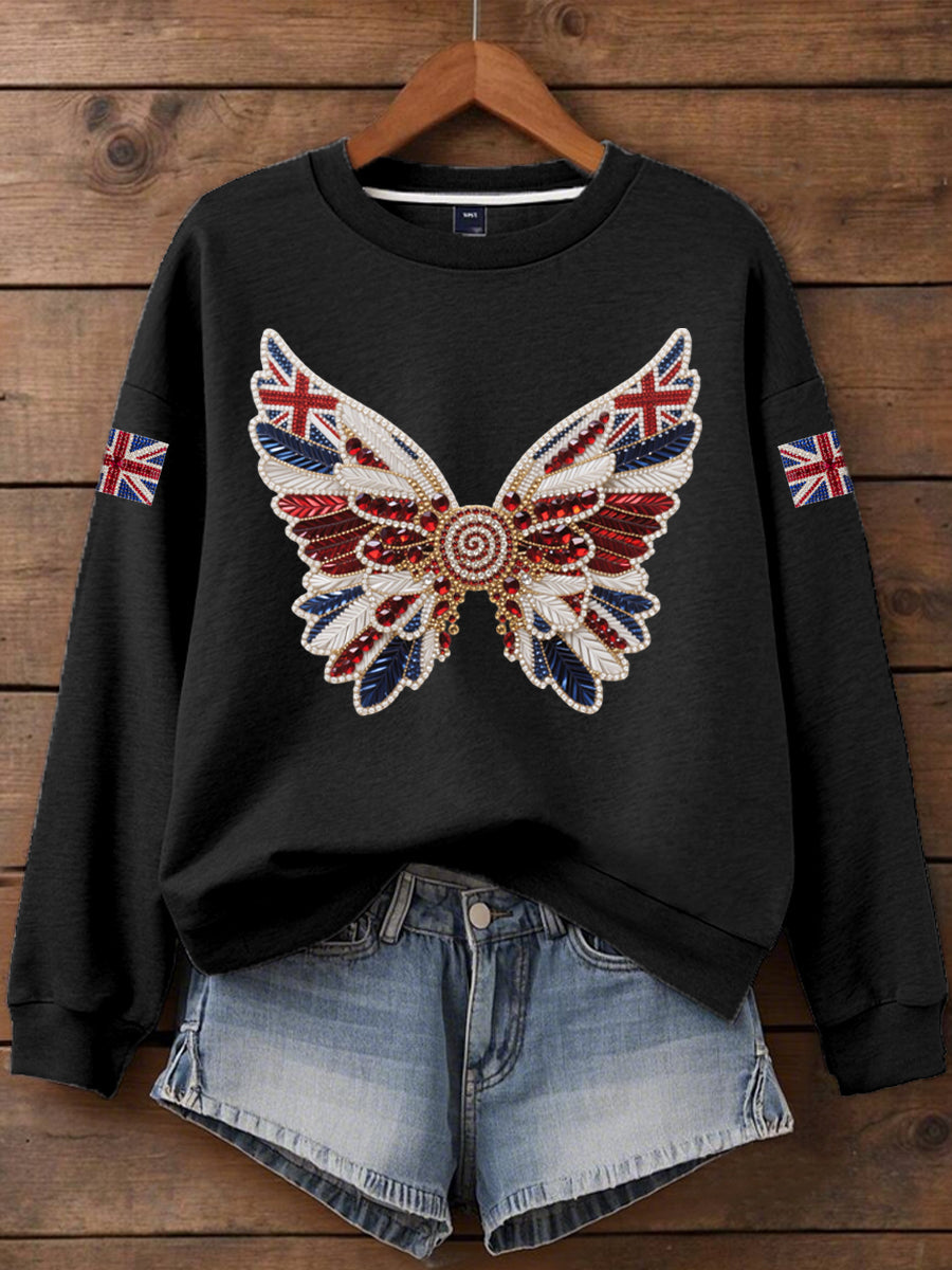 Britisches Damen-T-Shirt mit aufbügelbarem, diamantinimitiertem Aufdruck (heißgebohrt)