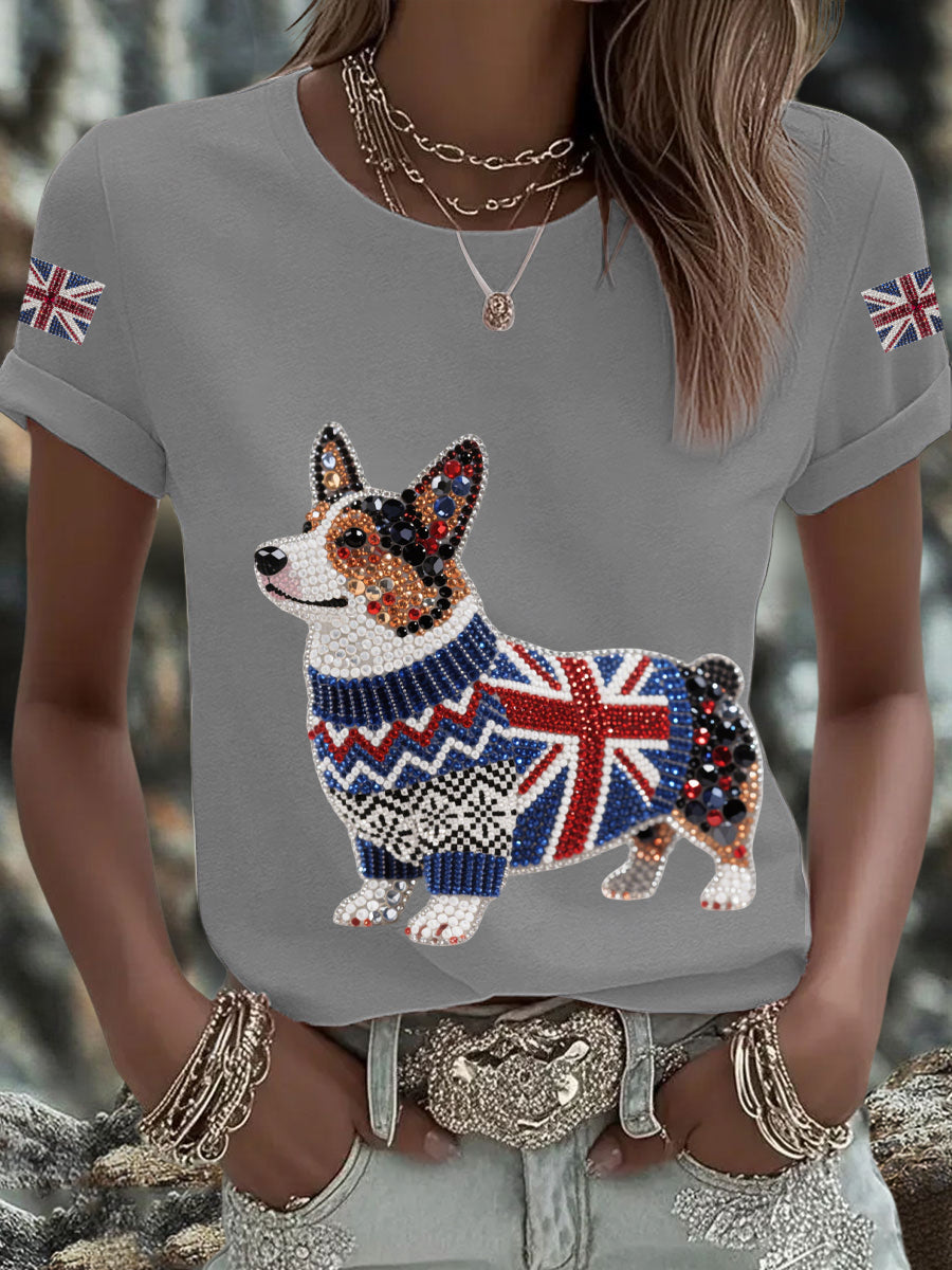 Damen-T-Shirt mit Corgi-Aufdruck und britischer Flagge