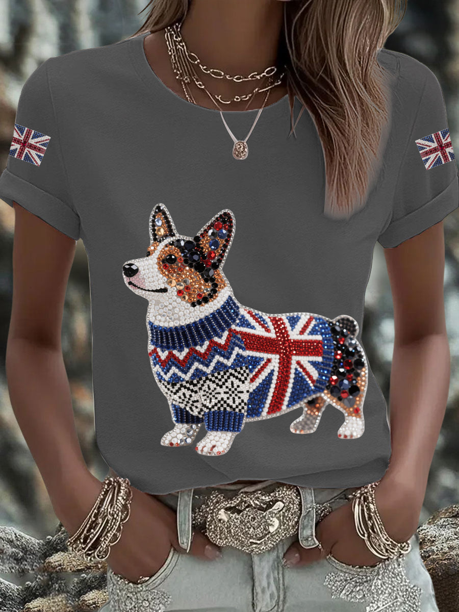 Damen-T-Shirt mit Corgi-Aufdruck und britischer Flagge