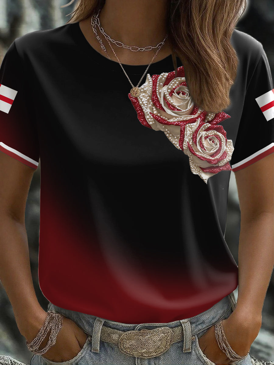 Women's England Flag Rose Art Printed T-shirt