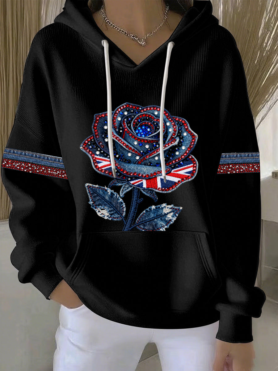 Damen-Hoodie im britischen Stil aus Denim-Imitat mit Strass- und Heißnagel-Print