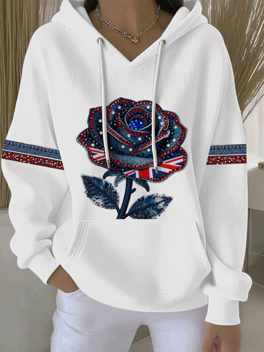 Damen-Hoodie im britischen Stil aus Denim-Imitat mit Strass- und Heißnagel-Print
