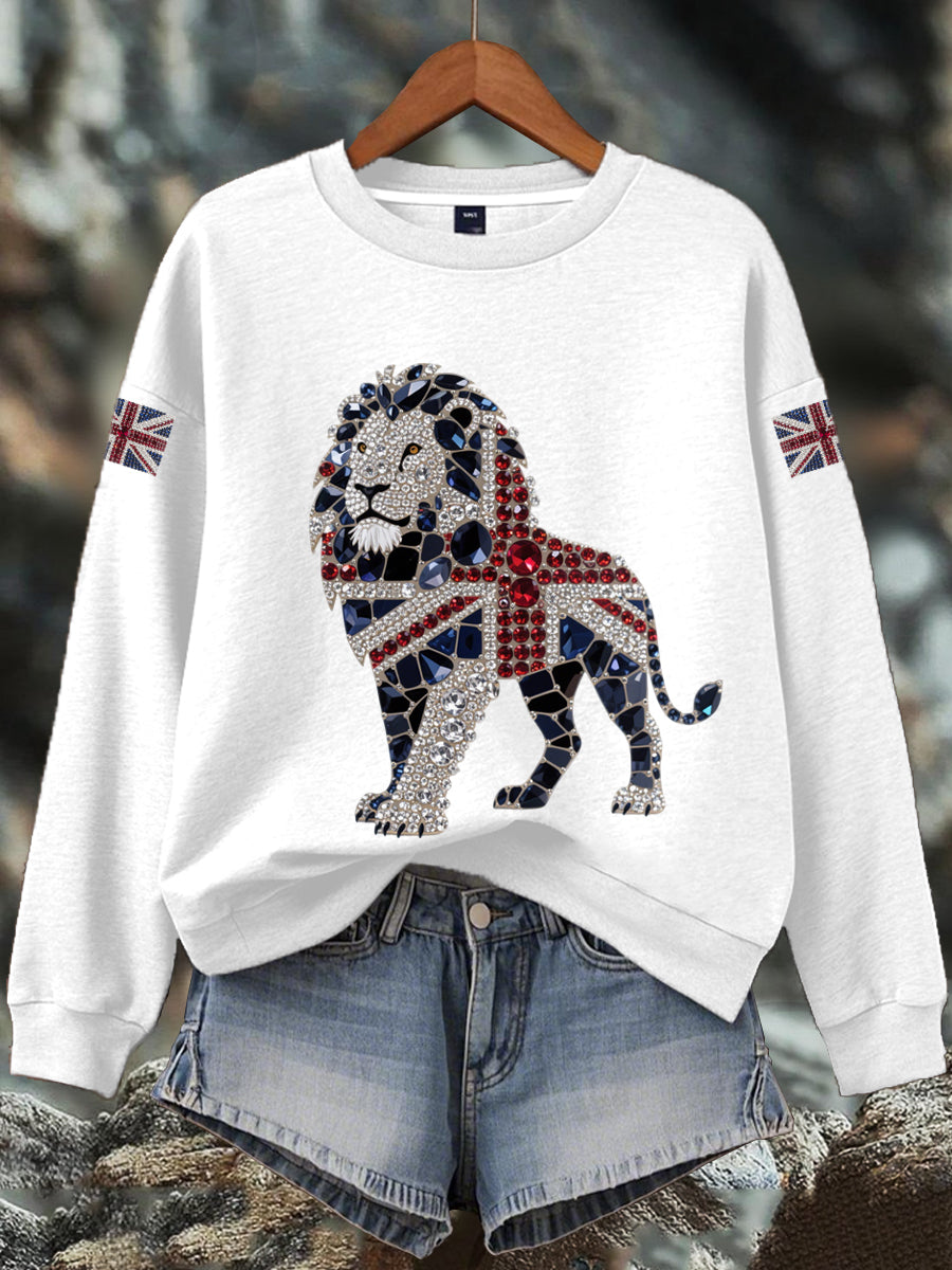 Damen-Sweatshirt mit britischem Imitationsdiamant-Print (heißgebohrt)