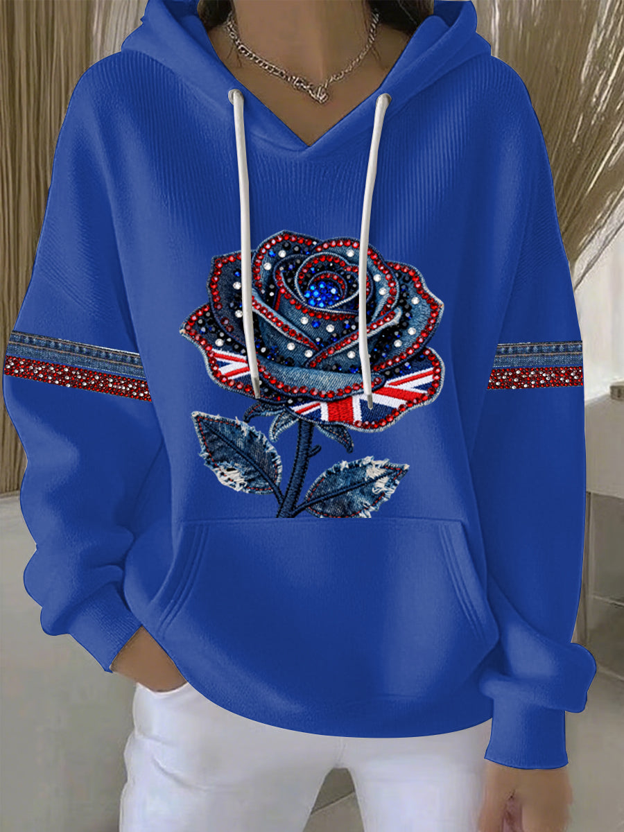 Damen-Hoodie im britischen Stil aus Denim-Imitat mit Strass- und Heißnagel-Print