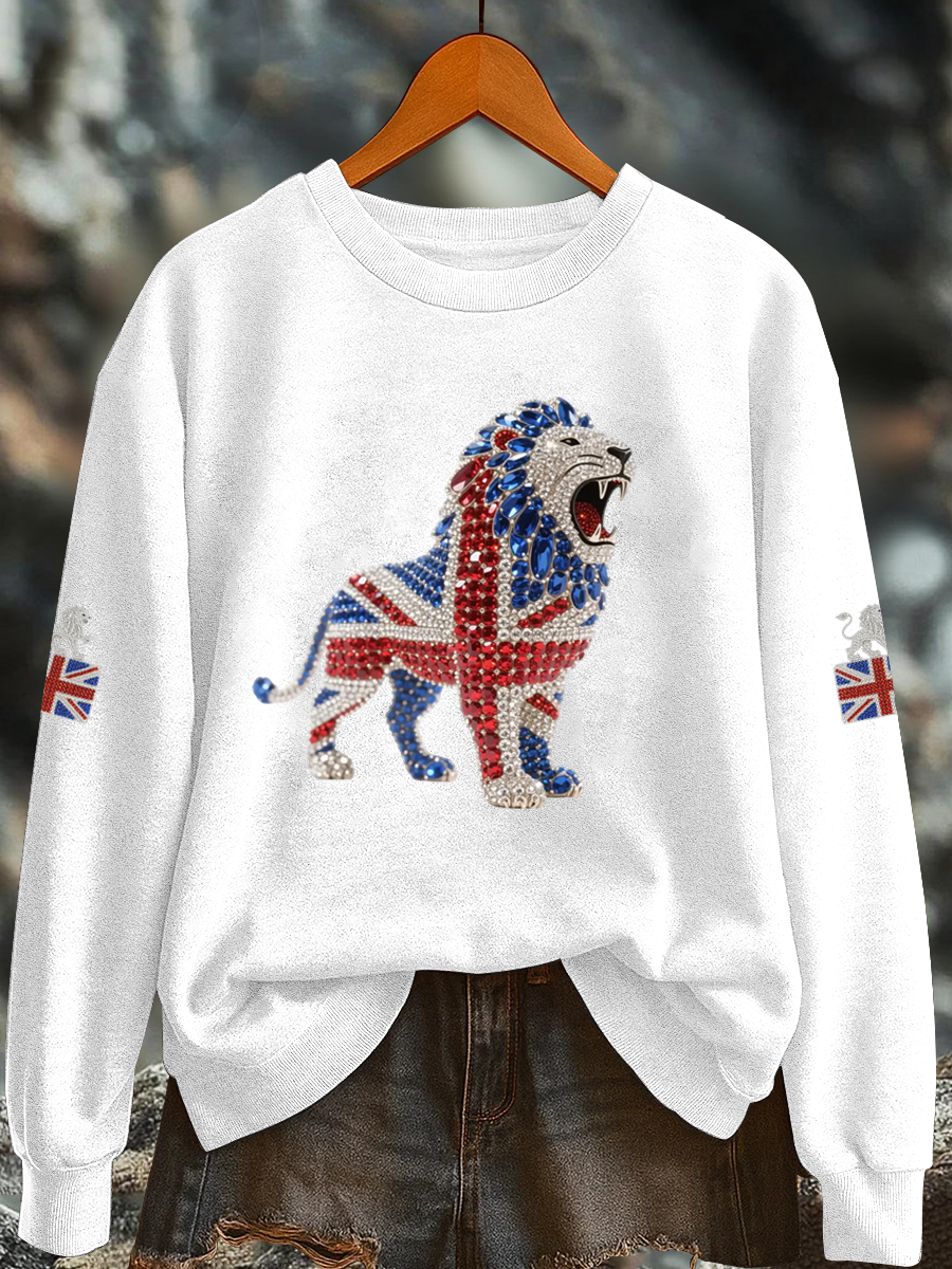 Britisches Damen-Sweatshirt mit Imitationsdiamantenmuster und Print (Regular-Passform)