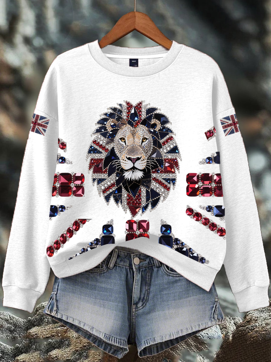 Damen-Sweatshirt mit britischem Imitationsdiamant-Print (heißgebohrt)
