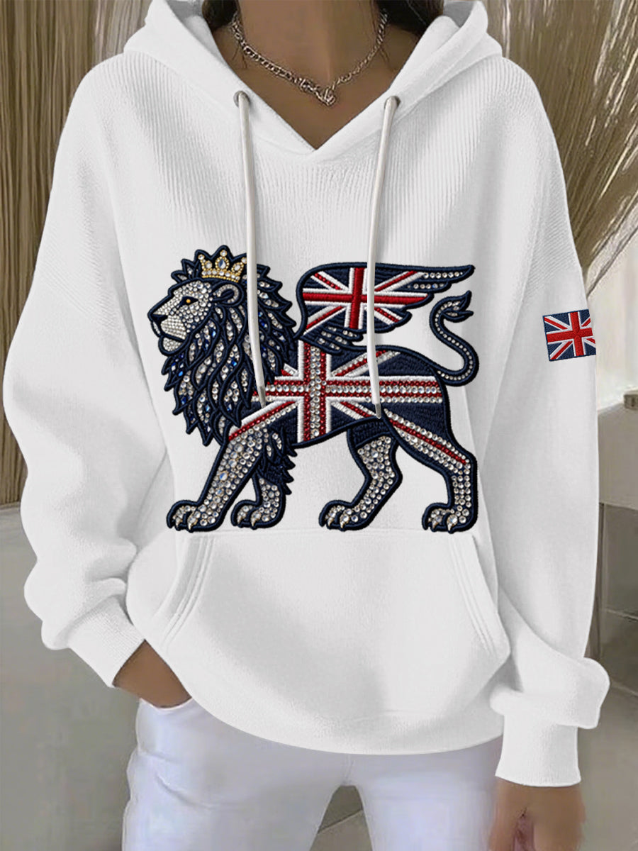 Damen-Hoodie im britischen Stil aus Denim-Imitat mit Strass- und Heißnagel-Print