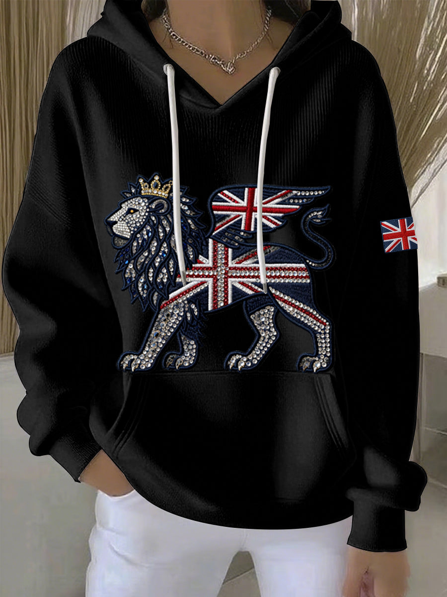 Damen-Hoodie im britischen Stil aus Denim-Imitat mit Strass- und Heißnagel-Print