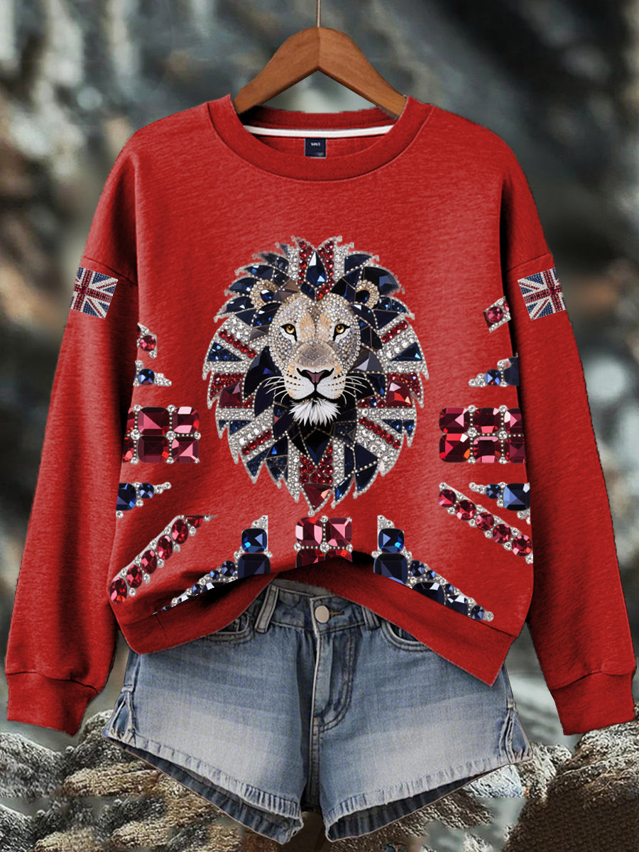 Damen-Sweatshirt mit britischem Imitationsdiamant-Print (heißgebohrt)
