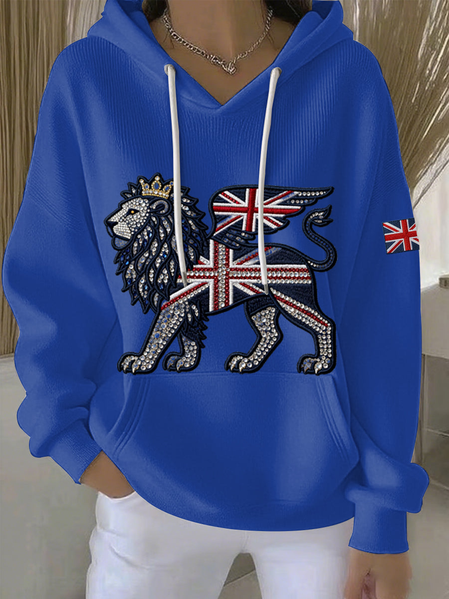 Damen-Hoodie im britischen Stil aus Denim-Imitat mit Strass- und Heißnagel-Print