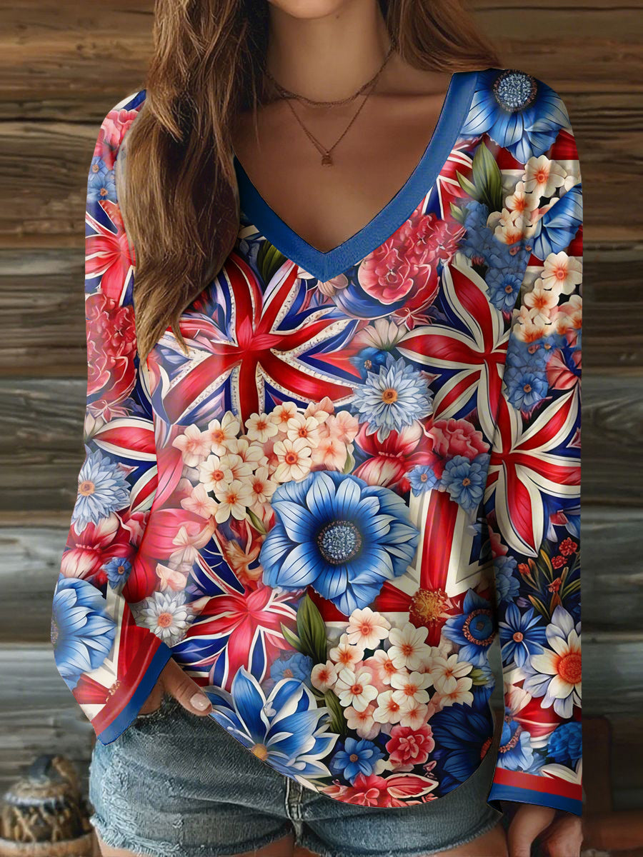 Damen-T-Shirt mit Union-Jack-Kunstdruck und V-Ausschnitt