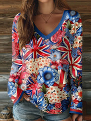 Damen-T-Shirt mit Union-Jack-Kunstdruck und V-Ausschnitt