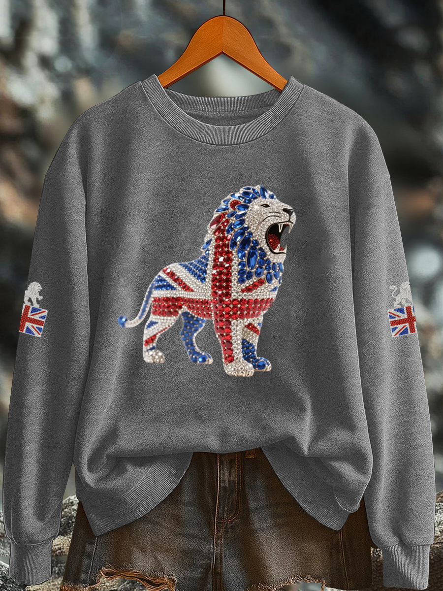 Britisches Damen-Sweatshirt mit Imitationsdiamantenmuster und Print (Regular-Passform)