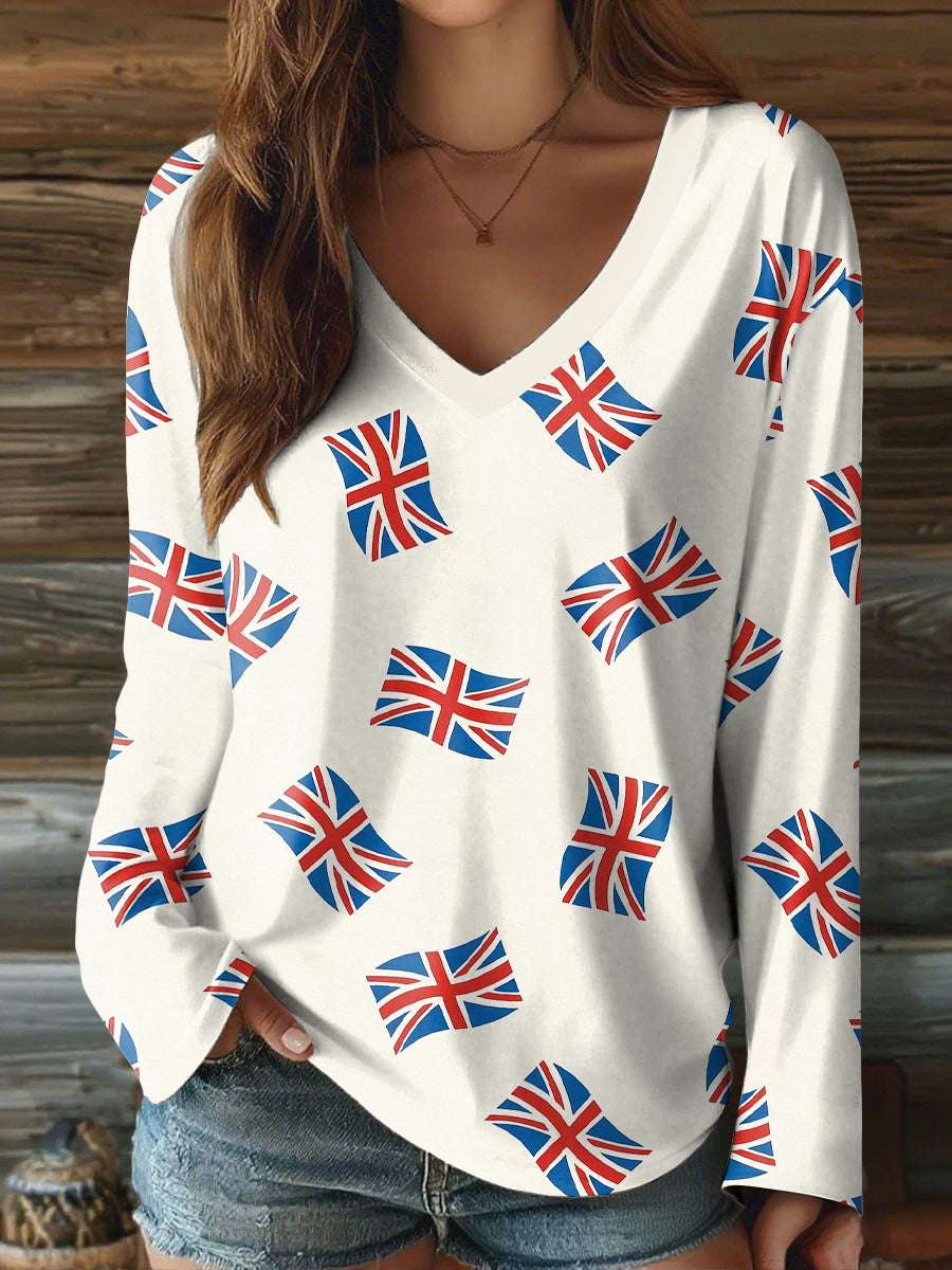 Damen-T-Shirt mit Union-Jack-Kunstdruck und V-Ausschnitt
