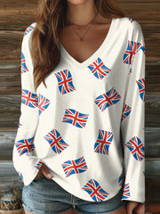 Damen-T-Shirt mit Union-Jack-Kunstdruck und V-Ausschnitt