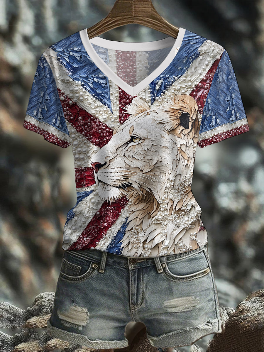 Damen-T-Shirt mit britischem Flaggenmotiv und Löwin-Kunstdruck