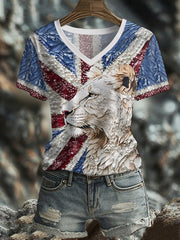 Damen-T-Shirt mit britischem Flaggenmotiv und Löwin-Kunstdruck
