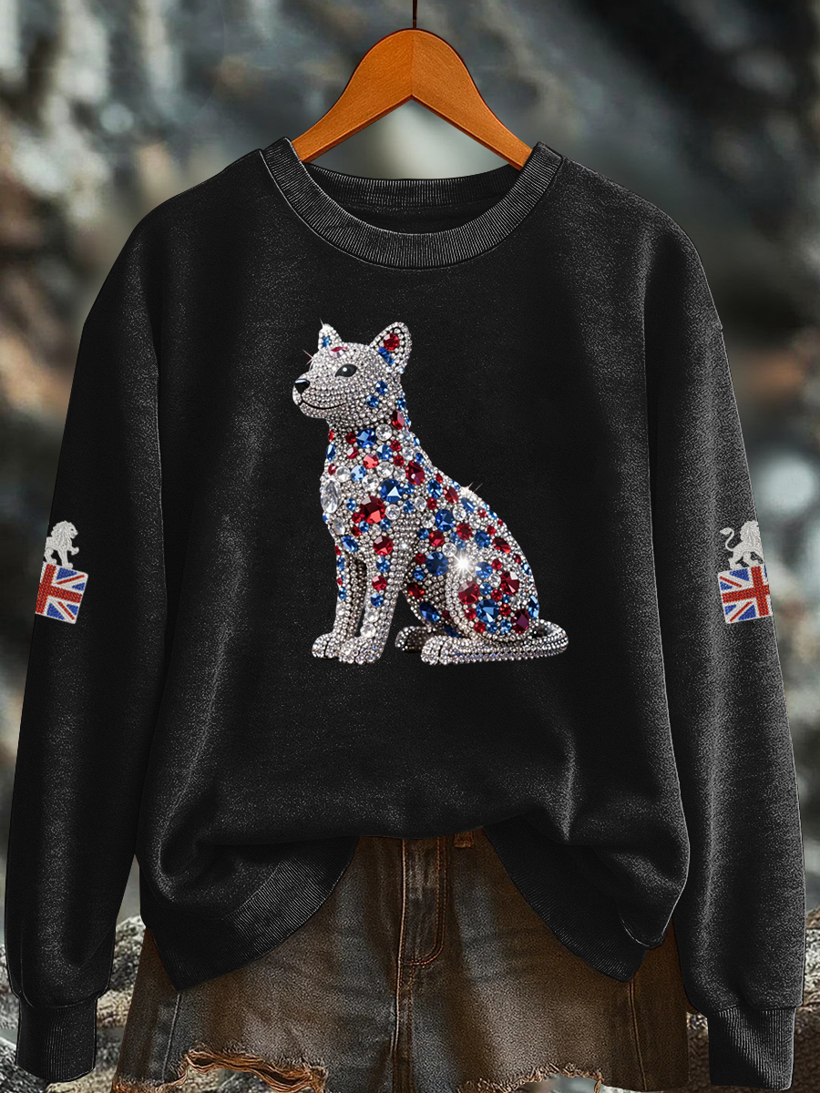 Britisches Damen-Sweatshirt mit Imitationsdiamantenmuster und Print (Regular-Passform)